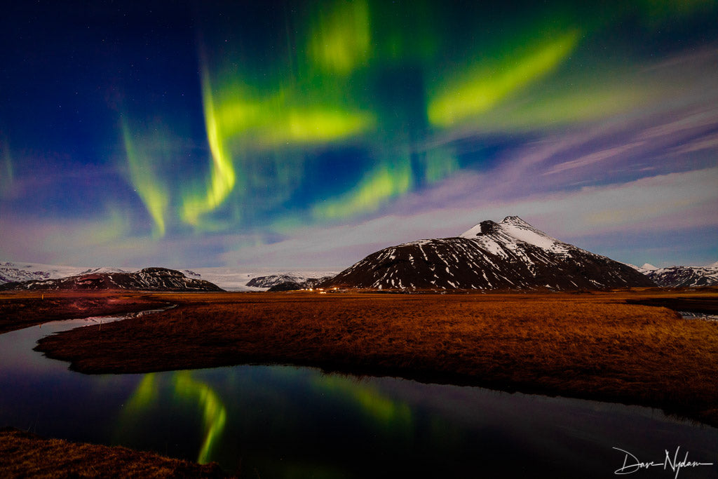 Green Northern Lights over Mountain and River Photograph as Fine Art Print