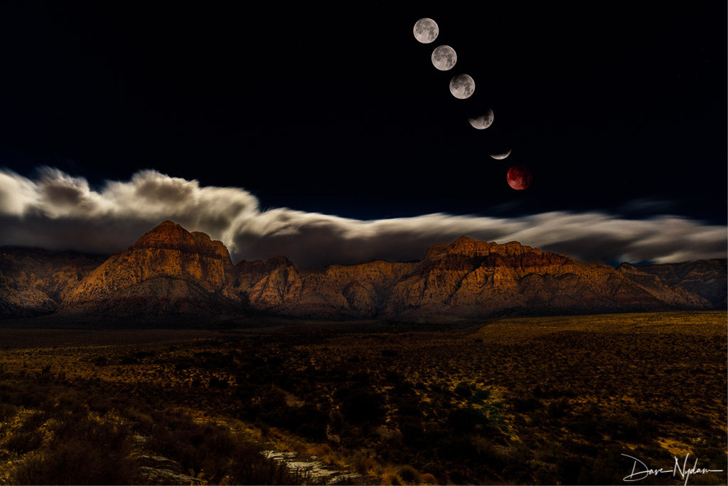 Red Rock Mountains with Lunar Eclipse and Red Moon