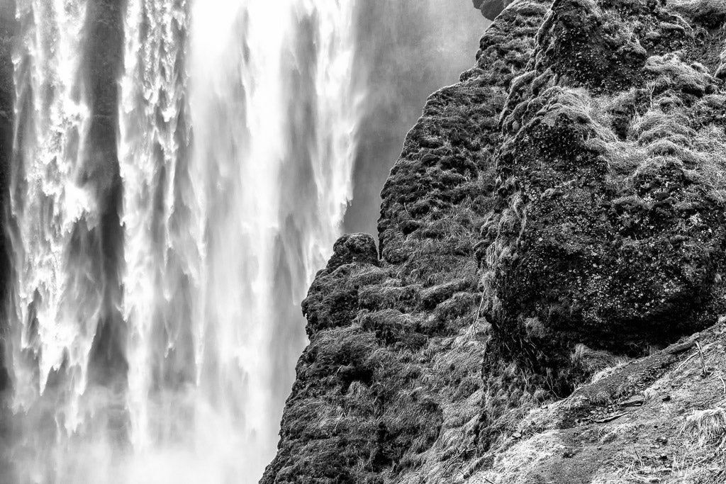 Skogafoss Waterfall and Mountain in Black &amp; White Photograph as Fine Art Print