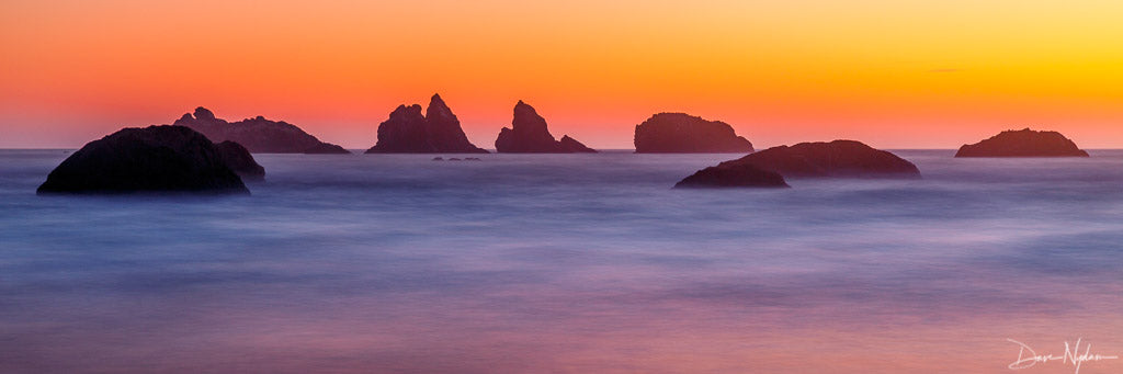 Sea Stack Long Exposure at Sunset Panorama Photograph as Fine Art Print